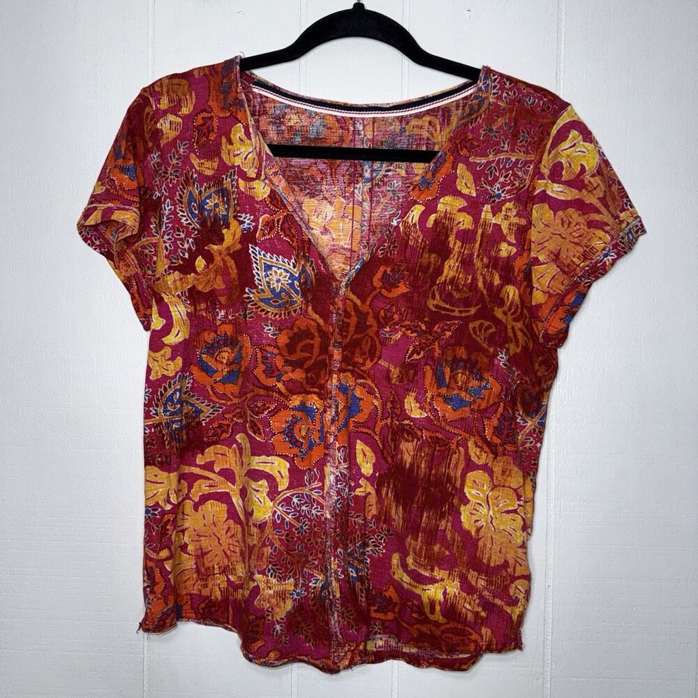 Pilcro Anthropologie Women’s Spliced Neck Tee Shirt Abstract Floral Orange M